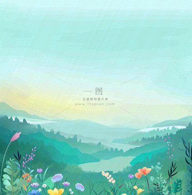 春天山脉小溪河流花丛绿植清新手绘插画,春分惊蛰 春天山脉小溪河流花丛绿植清新手绘插画,春分惊蛰
