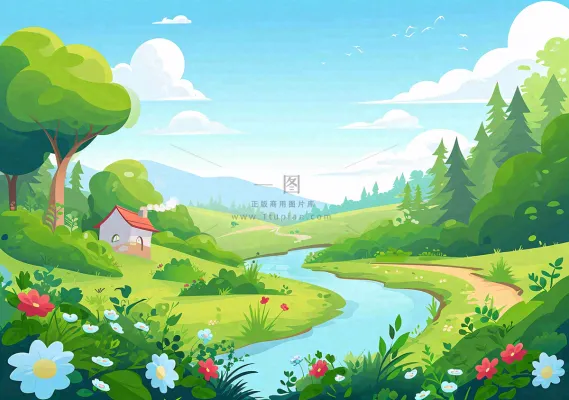 春日旅行草坪草丛花朵河流小溪野外郊游插画,春分 春日旅行草坪草丛花朵河流小溪野外郊游插画,春分