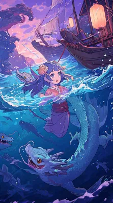 创意卡通古风河面人物游船,夜晚龙灯笼光照,海浪水面 创意卡通古风河面人物游船,夜晚龙灯笼光照,海浪水面