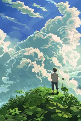 夏日天空之境男孩白云蓝天绿草地插画背景