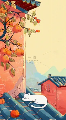 秋天红色宫墙上的白猫柿子树国风插画立秋秋分背景 秋天红色宫墙上的白猫柿子树国风插画立秋秋分背景