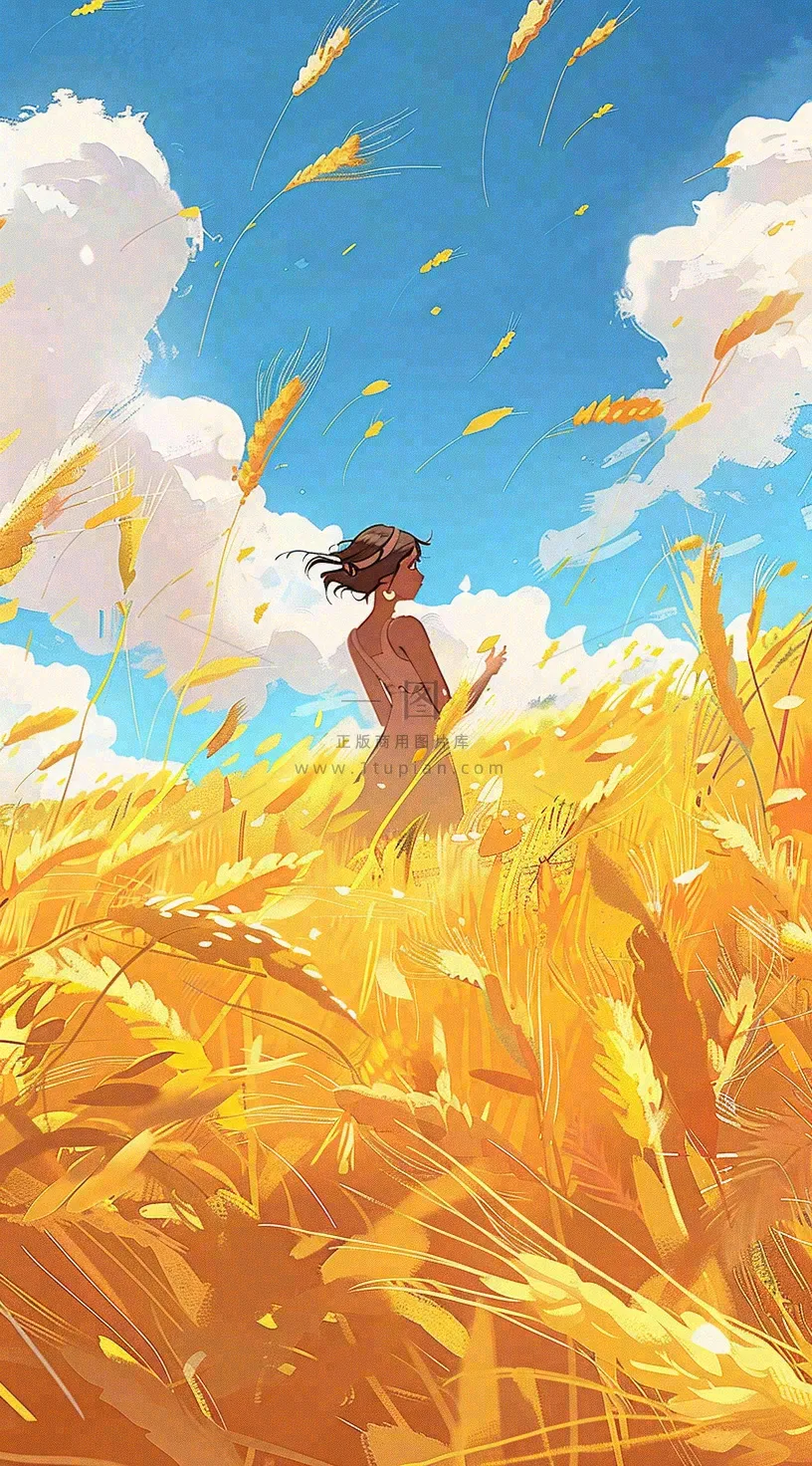 秋天金色麦田女孩蓝天秋收立秋秋分处暑芒种插画背景