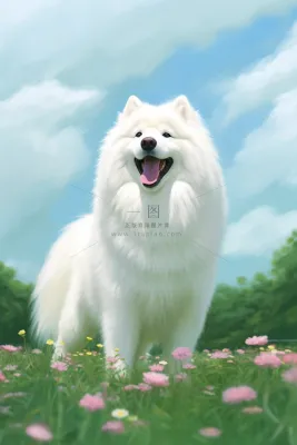 白色萨摩耶宠物狗在草坪花丛玩耍开心背景