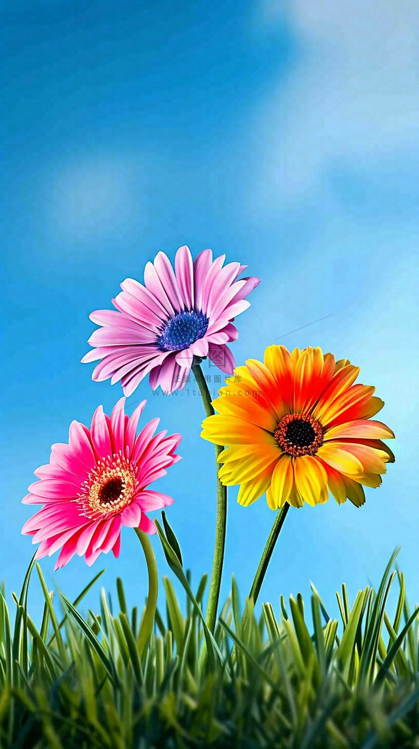春天蓝天白云草坪鲜花,五彩缤纷鲜艳摄影图