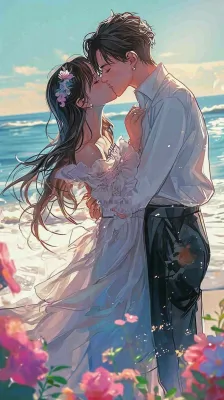 海边阳光沙滩情侣婚纱照爱情甜蜜情人节手绘插画