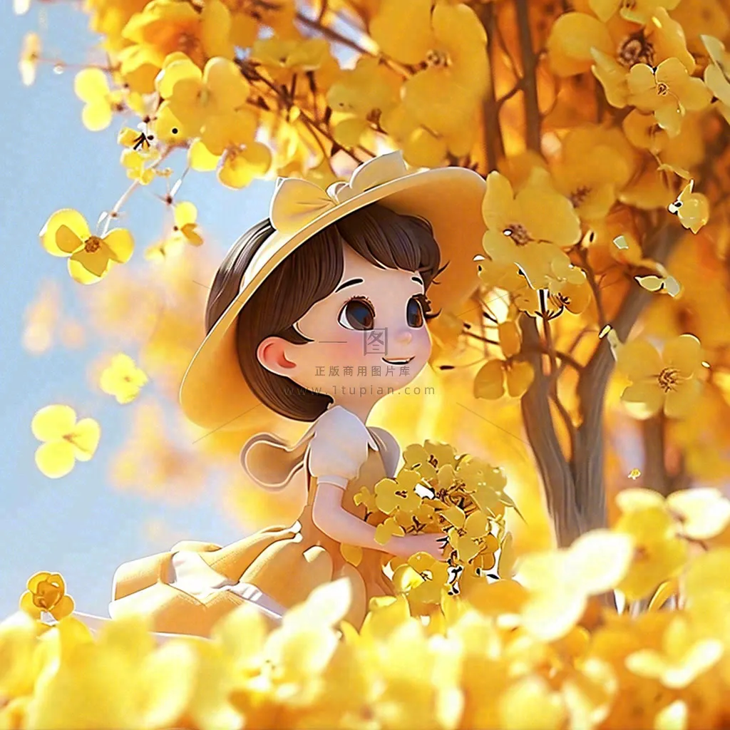 秋天秋叶飘落黄衣少女在欣赏美景,秋分