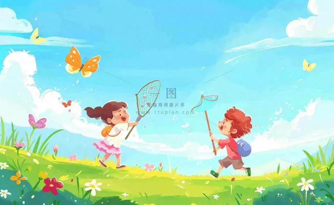 草坪扑蝴蝶的孩子们儿童节卡通插画背景 草坪扑蝴蝶的孩子们儿童节卡通插画背景