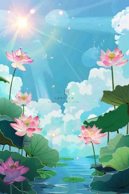炎炎夏日烈日荷花池荷叶蓝天立夏小暑大暑处暑卡通插画背景
