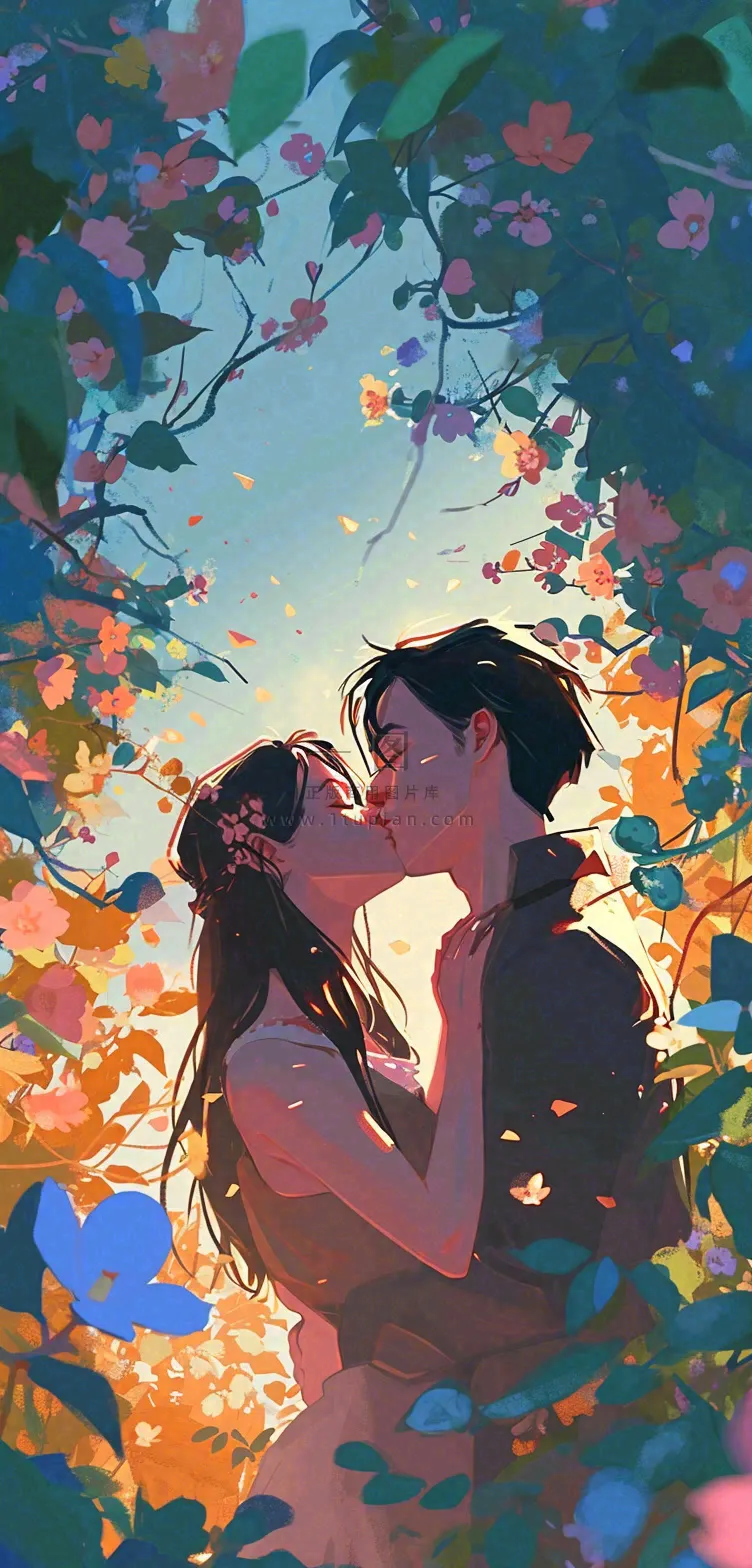 森林花丛里情侣拥抱亲吻爱情手绘插画,情人节