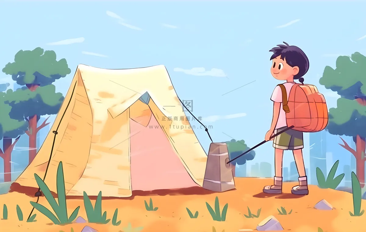 户外野外森林草原露营人们卡通插画背景