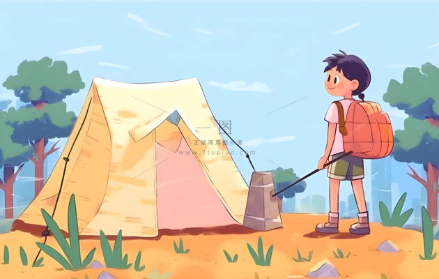 户外野外森林草原露营人们卡通插画背景 户外野外森林草原露营人们卡通插画背景