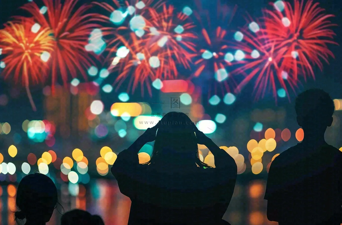 烟花绽放节日人物剪影背景庆祝小年除夕夜背景