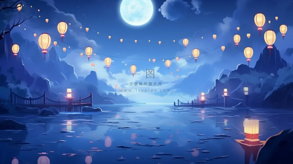 节日灯笼祈福夜晚天水一色蓝色卡通插画插图背景