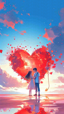情人节浪漫情人爱心落日蓝天唯美，情侣亲吻爱情，卡通手绘插画