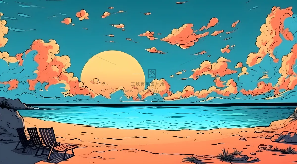 海边度假，极简背景风格，充满活力的漫画，充满活力的卡通插画背景，浅棕色和天蓝色