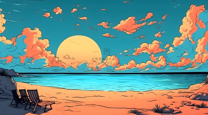 海边度假，极简背景风格，充满活力的漫画，充满活力的卡通插画背景，浅棕色和天蓝色