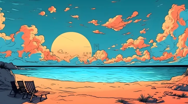 海边度假，极简背景风格，充满活力的漫画，充满活力的卡通插画背景，浅棕色和天蓝色