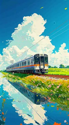 城市交通乡村铁路高铁，户外蓝天白云河边