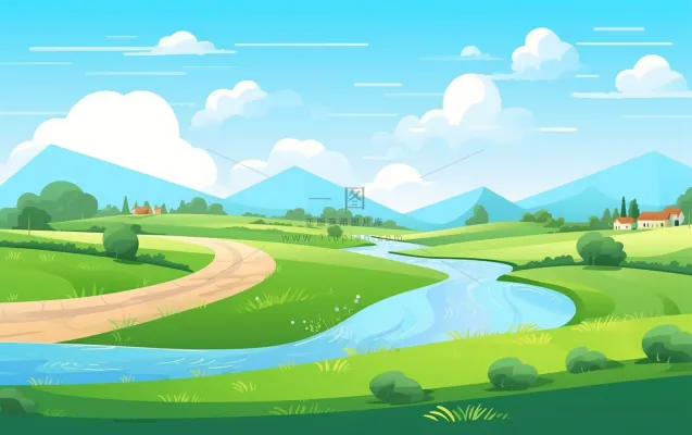 乡村村庄美丽风景河流插画农田插画背景 乡村村庄美丽风景河流插画农田插画背景