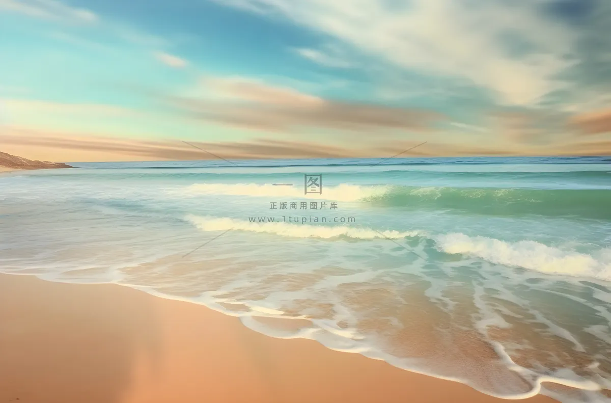 波涛汹涌的海岸倒映在沙滩上，浅青色和浅米色的风格，充满活力的舞台背景，宾得645n，迷人摄影图