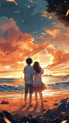 海边落日情人节情侣温馨爱情拥抱手绘插画