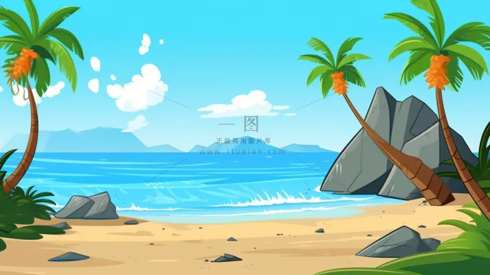 卡通插画海边沙滩礁石椰子树 