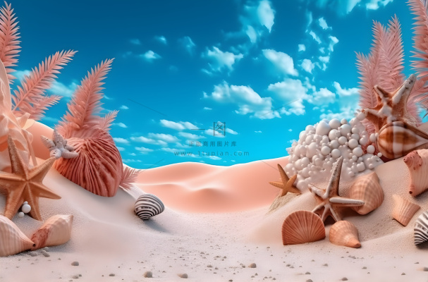 蓝色热带海滩岛屿上的沙子、贝壳、星星、大海和天空的舞台背景