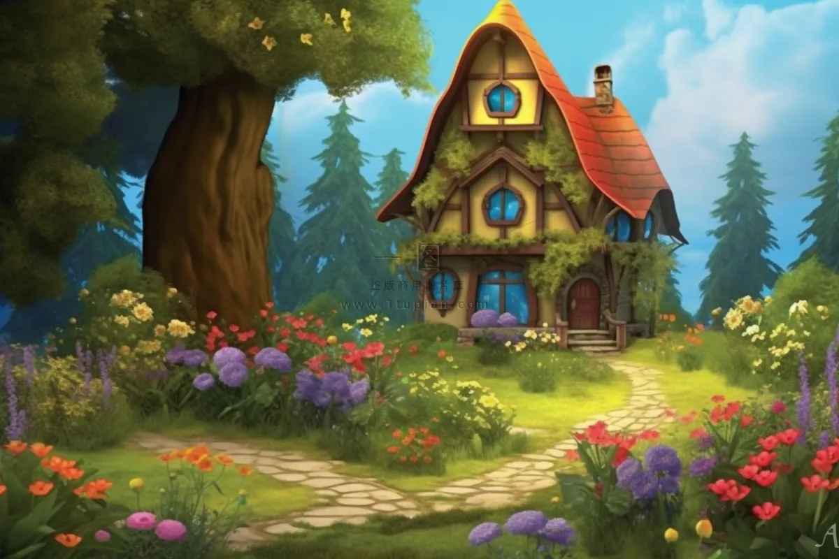 森林里的小房子门前花丛草地石子路卡通插画素材背景