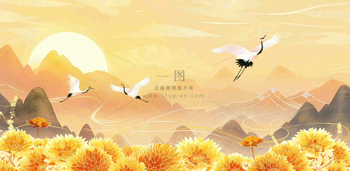 国潮风重阳菊花仙鹤山水场景插画中秋背景
