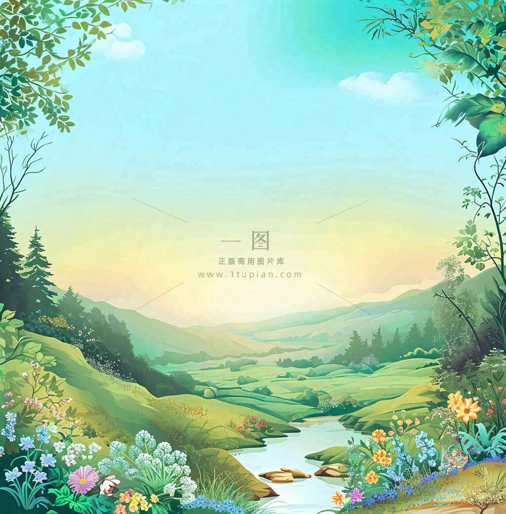 春天山脉小溪河流花丛绿植清新手绘插画，春分惊蛰