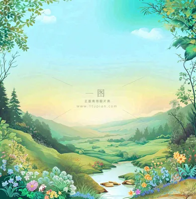 春天山脉小溪河流花丛绿植清新手绘插画,春分惊蛰 春天山脉小溪河流花丛绿植清新手绘插画,春分惊蛰