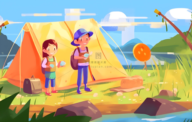 户外野外森林草原露营人们卡通插画背景 户外野外森林草原露营人们卡通插画背景