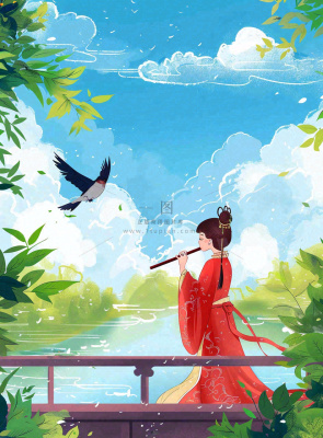 春夏古风女孩游湖吹笛小鸟绿叶大树惊蛰春分立夏清明卡通插画背景 春夏古风女孩游湖吹笛小鸟绿叶大树惊蛰春分立夏清明卡通插画背景