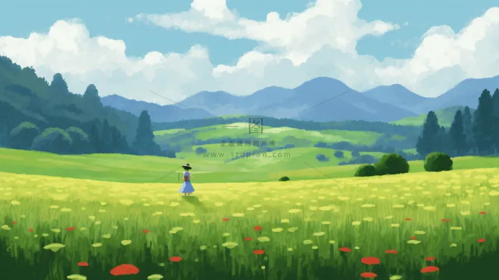 春天山林草原蓝天白云花丛摄影图