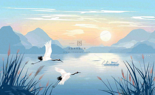 唯美白露仙鹤鸟山水风景秋天芦苇日落日出秋天插画背景