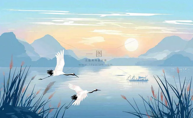 唯美白露仙鹤鸟山水风景秋天芦苇日落日出秋天插画背景