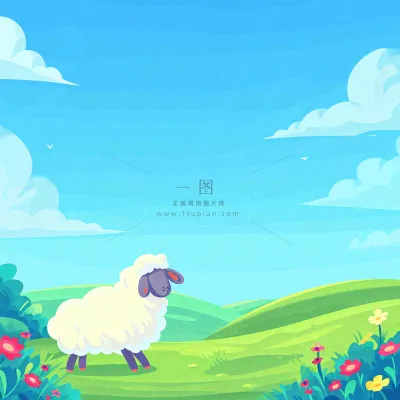 春天清新蓝天白云草地绵羊花朵扁平插画手绘 春天清新蓝天白云草地绵羊花朵扁平插画手绘