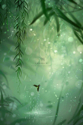 绿色简约小清新柳树雨天燕子雨水谷雨插画背景 绿色简约小清新柳树雨天燕子雨水谷雨插画背景