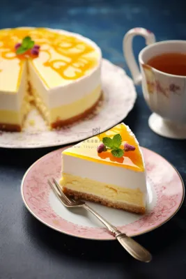 芒果慕斯蛋糕薄荷下午茶摄影图