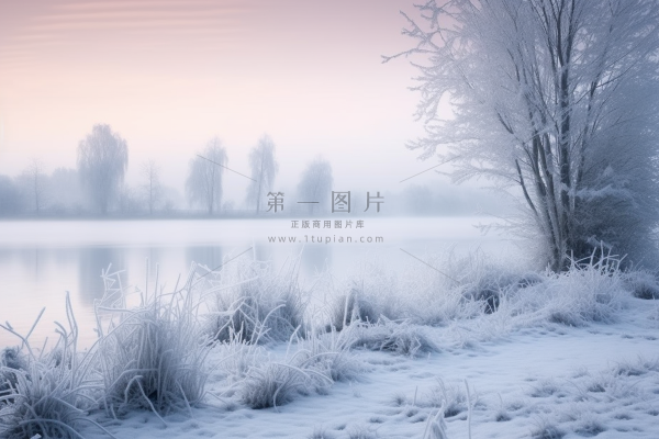 冬天清晨湖边的草地树木被白雪覆盖雾凇摄影图