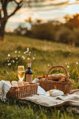 下午茶草坪野餐红酒夕阳浪漫春分唯美摄影图