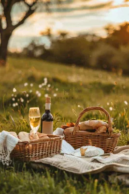 下午茶草坪野餐红酒夕阳浪漫春分唯美摄影图