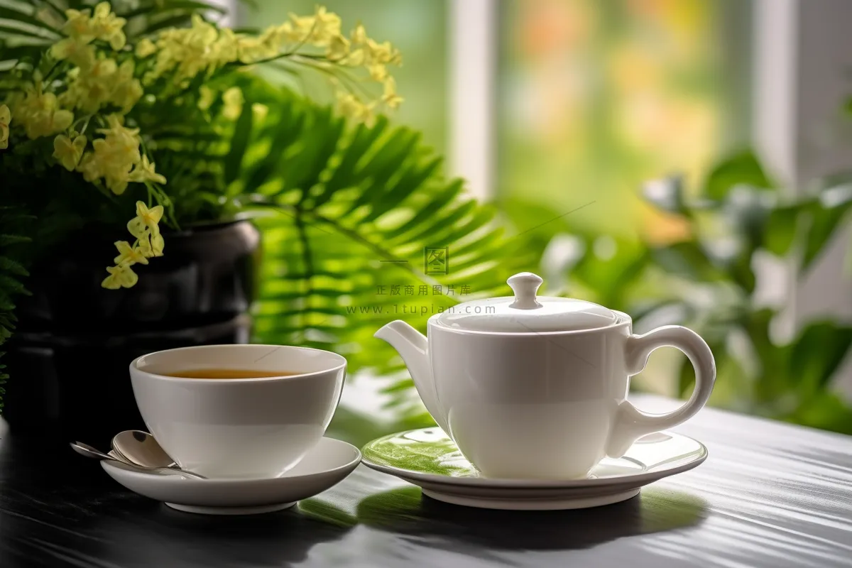 餐桌上的咖啡杯下午茶绿植阳光光影摄影图