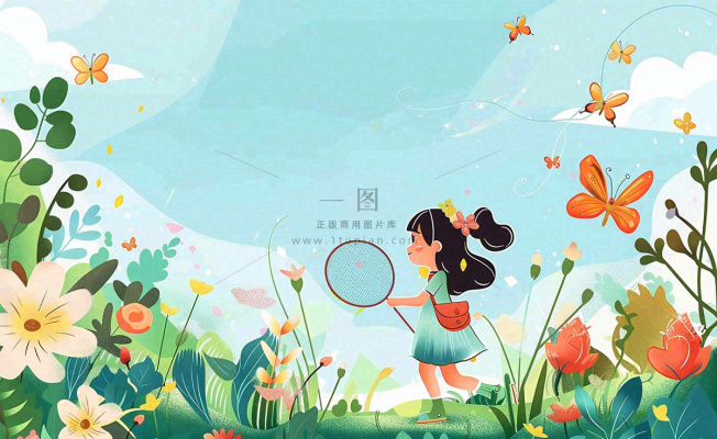 春天女孩在花丛里扑蝴蝶玩耍儿童节踏青春分插画背景