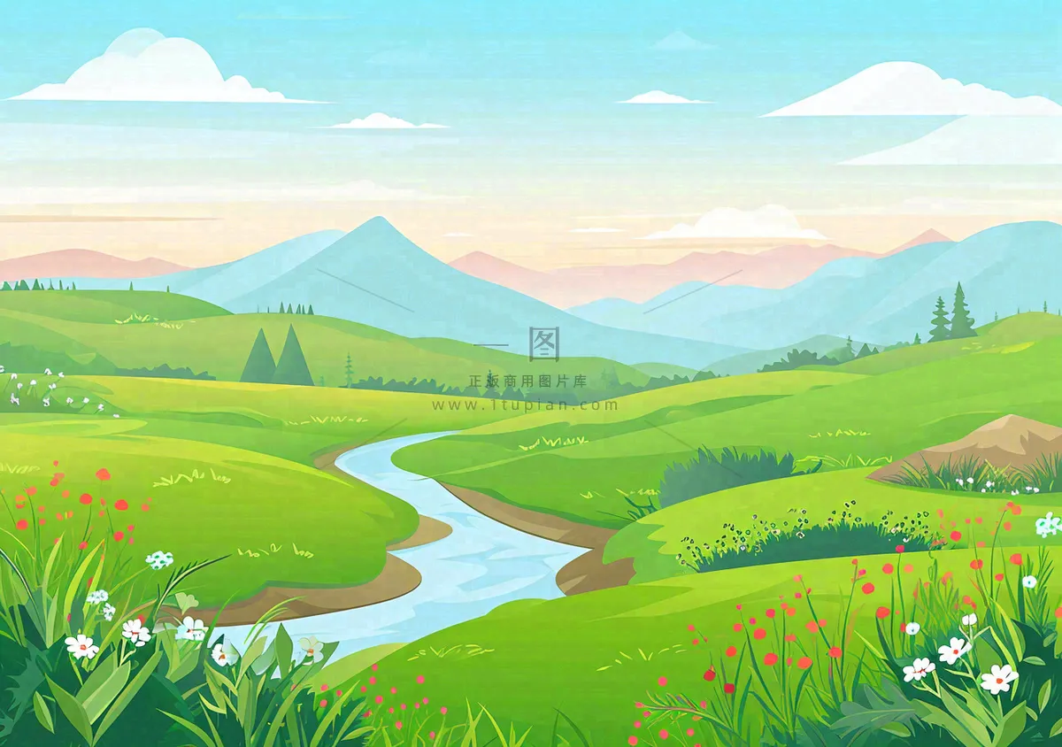 春日旅行草坪草丛花朵河流小溪野外郊游插画，春分