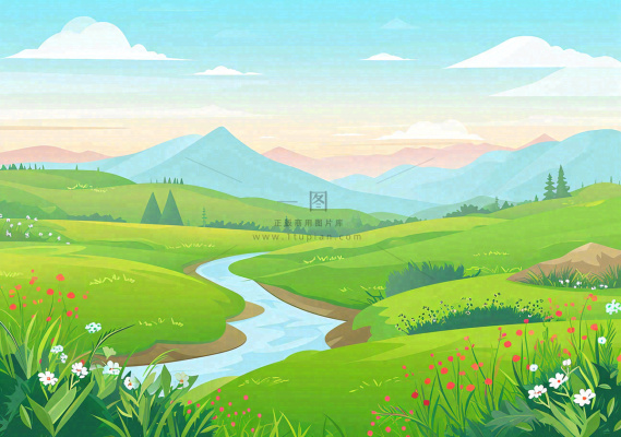 春日旅行草坪草丛花朵河流小溪野外郊游插画，春分