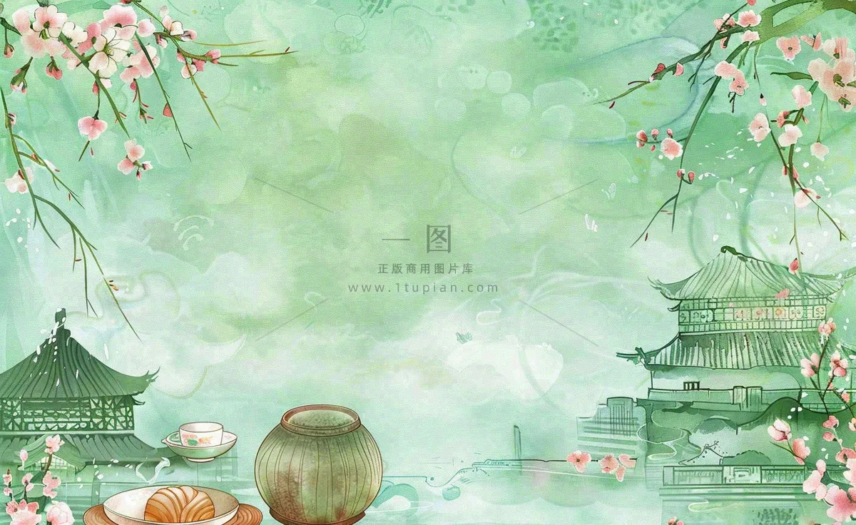 春天桃花春茶茶壶燕子清明山水国画中国风水墨插画背景茶文化采茶