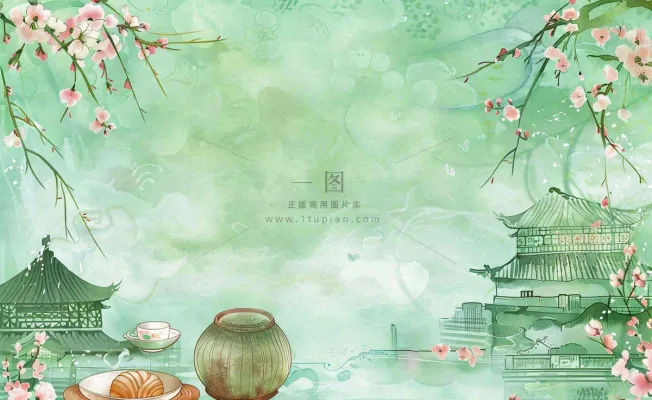 春天桃花春茶茶壶燕子清明山水国画中国风水墨插画背景茶文化采茶 春天桃花春茶茶壶燕子清明山水国画中国风水墨插画背景茶文化采茶