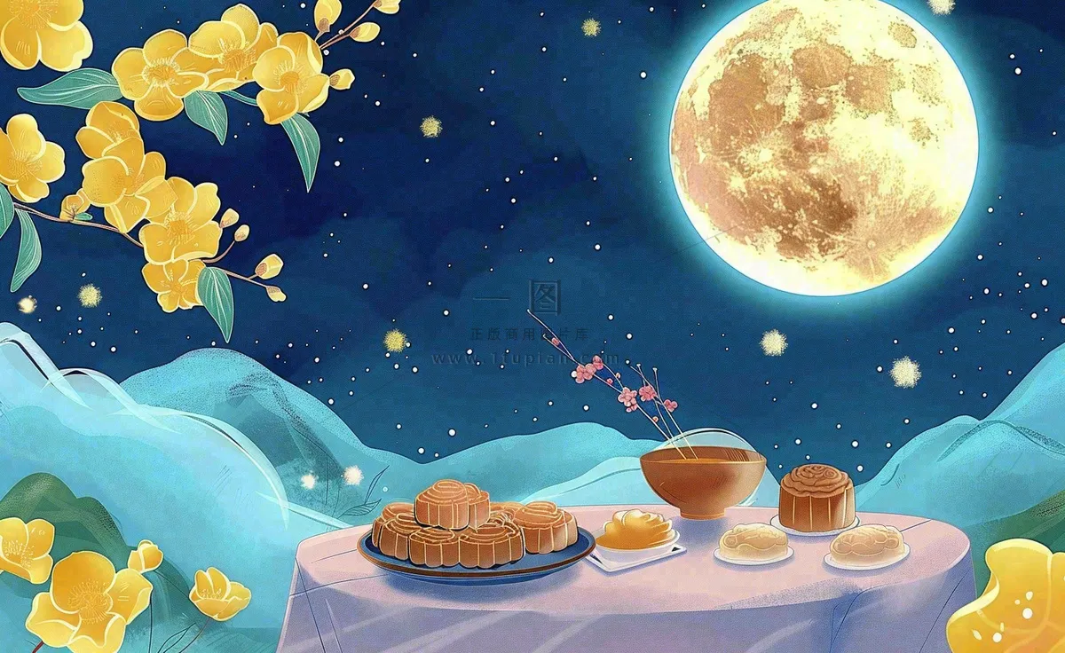 中秋夜晚赏月月饼饮茶黄花菊花桂花国风插画背景