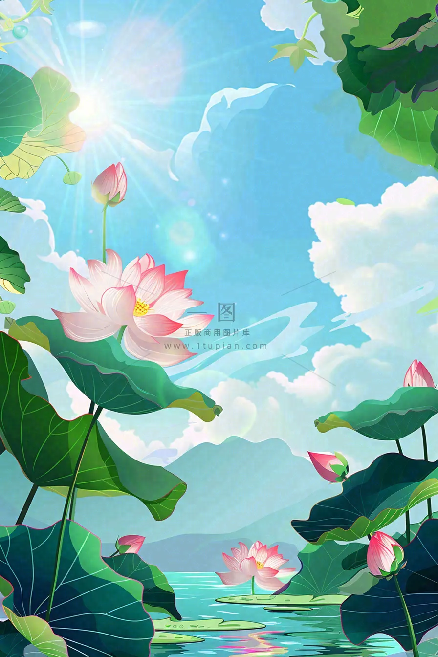 炎炎夏日烈日荷花池荷叶蓝天立夏小暑大暑处暑卡通插画背景